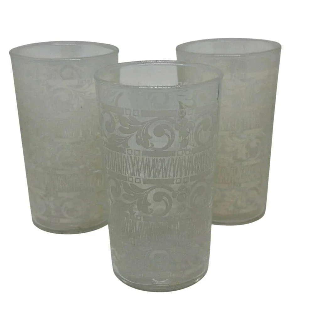 VTG Anchor Hocking White Mist Glass Tumblers | Set of 3, Floral & Scroll Pattern